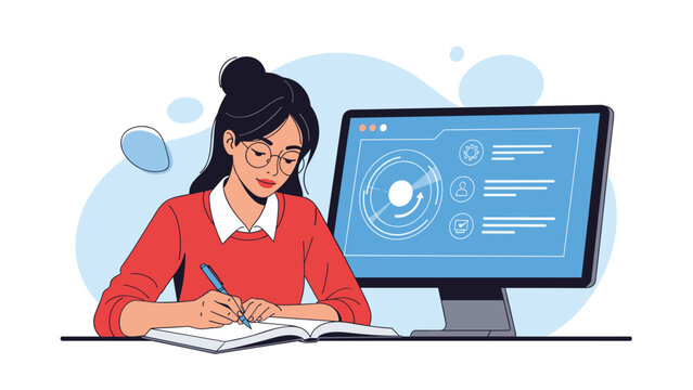Diligent woman with glasses sitting at her desk and writing in a notebook while using a computer for online study or research.