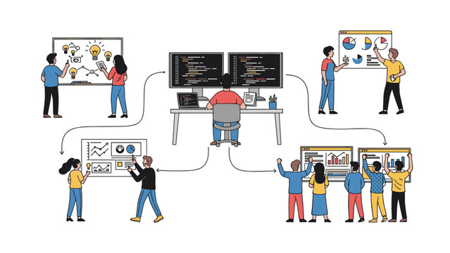 Team of professionals analyzing data and developing software across multiple workstations with various charts and graphs displayed.