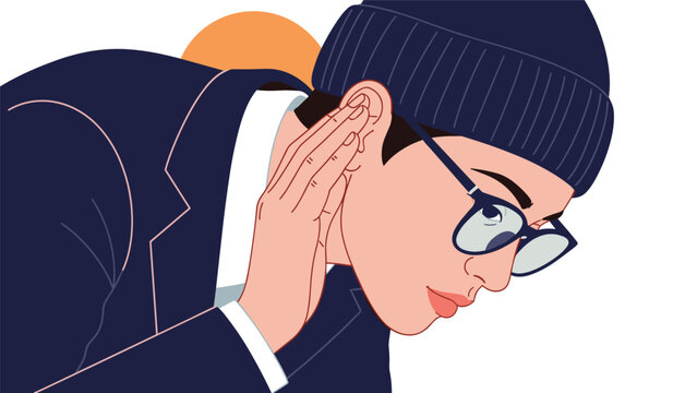 Close-up illustration of a man wearing a blue beanie and glasses cupping his hand around his ear to listen intently.