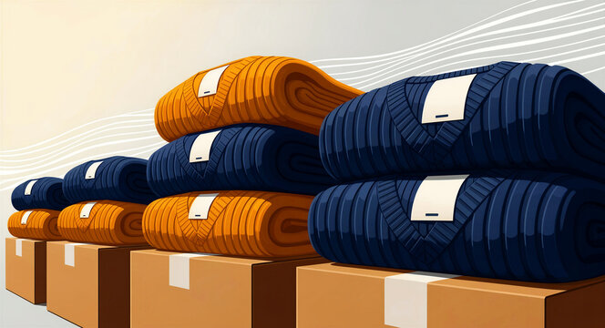 Neatly folded blue and orange sweaters stacked on cardboard boxes. Apparel items prepared for shipment or inventory management. Fashion logistics and retail supply chain concept.