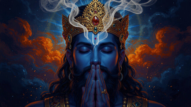 Divine blue deity praying with hands joined wearing an ornate crown. Meditating mythological figure against a cosmic background with glowing energy. Hindu spirituality concept for yoga themes.