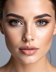 Fototapeta premium A woman's face with brown hair and blue eyes