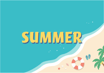 夏のバナー　海の背景イラスト　　夏素材　ビーチ、浮き輪、浜辺　ビーチサンダル、 © Karin