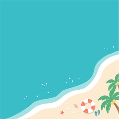 夏のバナー　海の背景イラスト　　夏素材　ビーチ、浮き輪、浜辺　ビーチサンダル、 © Karin