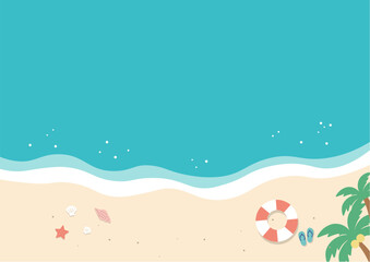 夏のバナー　海の背景イラスト　　夏素材　ビーチ、浮き輪、浜辺　ビーチサンダル、 © Karin