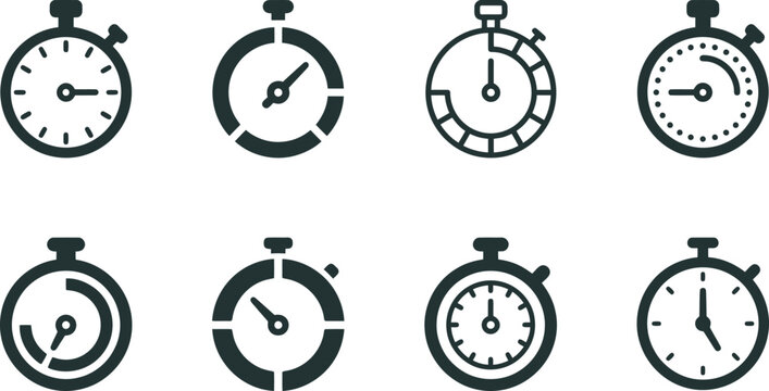 Eight minimalist stopwatch and timer displaying various progress indicators and time intervals for digital interfaces and productivity applications