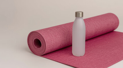 Obraz premium Pink yoga mat and water bottle evoke calm fitness routine