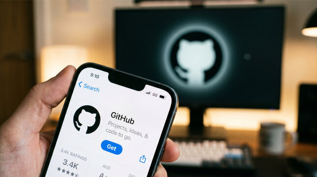 Closeup of a hand holding a smartphone displaying the GitHub app store page with a blurred computer monitor in the background showing the GitHub logo, software version control platform concept.