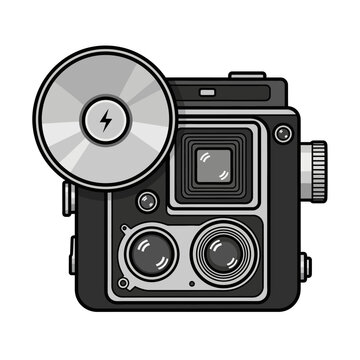Vintage twin lens reflex camera vector illustration, retro medium format film camera with flash, antique photography equipment icon