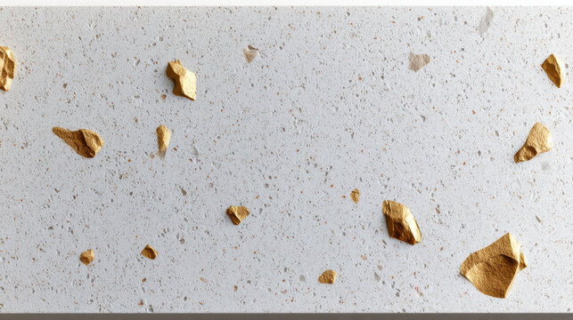 Top down flat lay terrazzo concrete texture gold foil background with scattered metallic flakes on white stone surface, abstract luxury backdrop