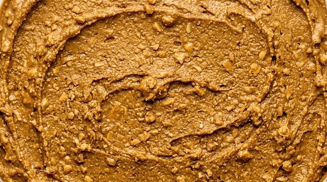 Close up texture of creamy crunchy peanut butter swirled in a bowl, natural food background