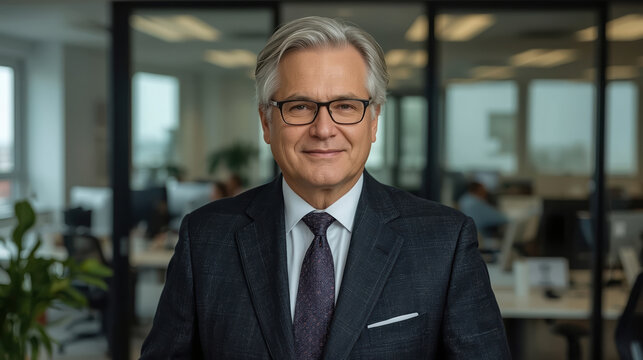 Mature businessman portrait smiling in office, confident senior executive in suit