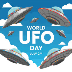 A graphic illustration celebrating World UFO Day with flying saucers © Tarino
