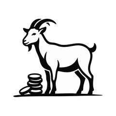 Obraz premium Chinese zodiac Year of the Goat 2027. Silhouette of a goat standing beside a stack of coins. Flat vector illustration isolated on transparent background