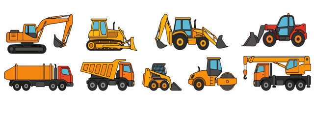 Fototapeta premium Construction Equipment Set: A vibrant collection of yellow and orange heavy machinery, including excavators, bulldozers, loaders, and cranes, are depicted in a clean graphic illustration.