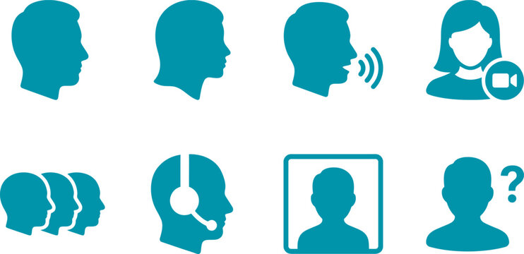Set of eight teal human profile and communication representing user interaction, customer support, and digital identity for modern web