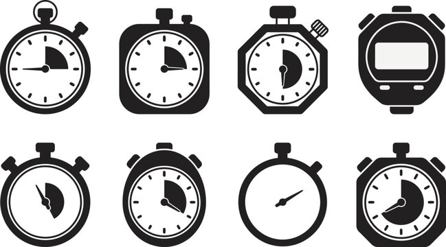 Set of stopwatch and timer in solid black style for time management and sports applications featuring various shapes and digital