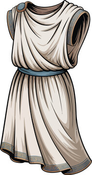 Ancient greek chiton tunic with blue meander pattern trim and shoulder brooch, isolated of classical clothing