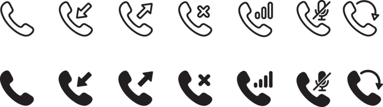 Set of telephone call status in outline and solid black styles for communication interface and mobile application user experience development