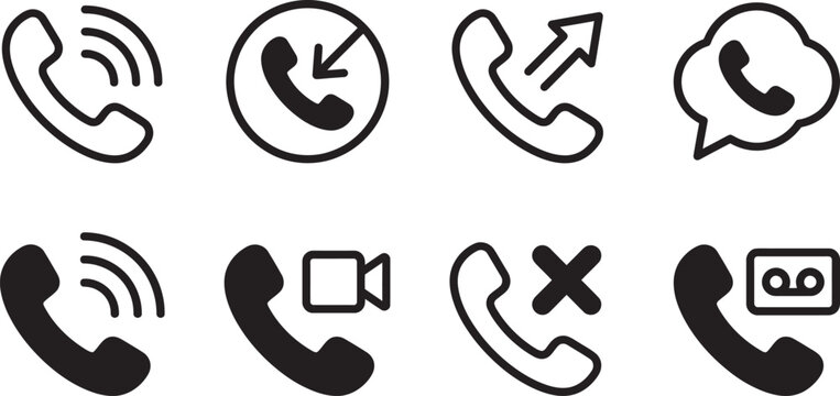 Set of telephone call in outline and solid black styles featuring various communication statuses for mobile and web application interfaces