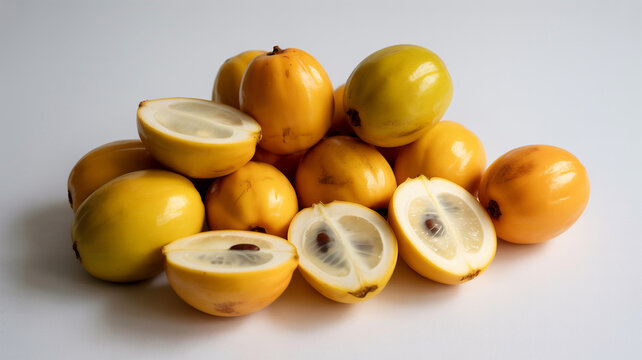 Pile of Fresh Yellow Star Apples Halved and Whole on White Surface