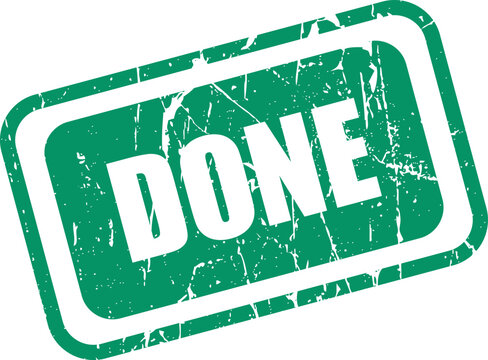 Green done stamp with white text and distressed texture on white background