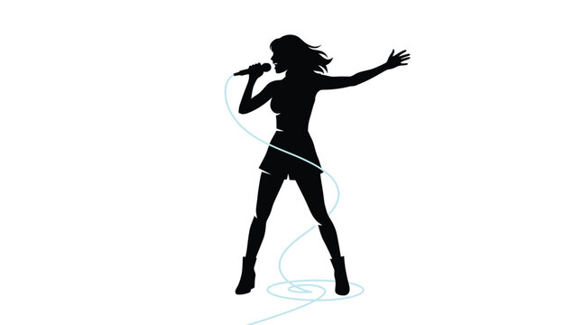 Black silhouette vector illustration of a female singer performing with a microphone on a stage