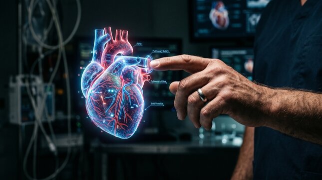 Doctor Interacting with Holographic 3-D Human Heart Anatomy Interface in Dark Medical Lab