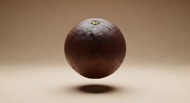 A single exotic borojo fruit levitating above a light beige background casting a soft shadow, showing its unique brown textured skin.