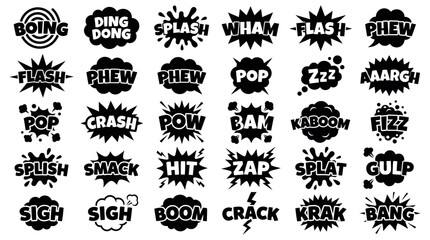 Collection of comic book sound effect word silhouettes and cartoon speech bubbles - graphic design elements