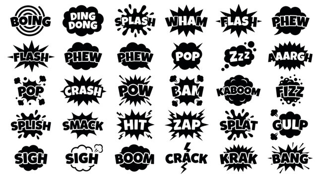 Collection of comic book sound effect word silhouettes and cartoon speech bubbles - graphic design elements