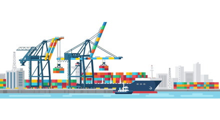Container ship loading and unloading at a busy port with cranes and cityscape background © Fu