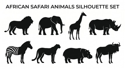 Fototapeta premium Bold black silhouettes of iconic African safari animals, emphasizing wildlife diversity, strength, and natural heritage for versatile design applications.