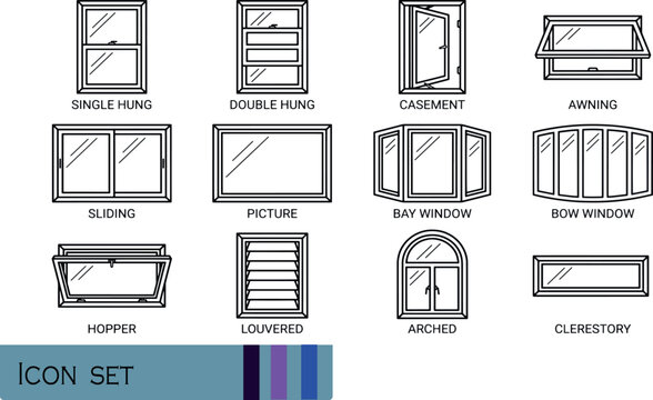 Print Architectural Window Types Detailed Pack - Minimalist Black Line Icons Vector Set for House Construction Elevations Floor Plans Blueprint Specifications and Renovation Layouts