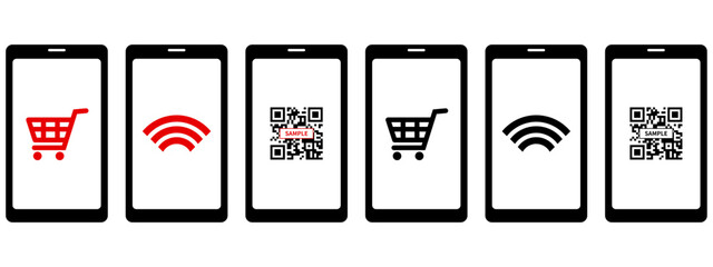 QRコードやショッピングカートが表示されたスマートフォンのシンプルなベクターアイコンセット © MESSAGE GRAPHIC