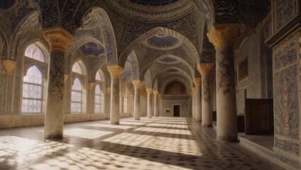 Obraz premium Ornate, spacious interior with columns, patterned ceilings and walls, with sunlight streaming through arched windows