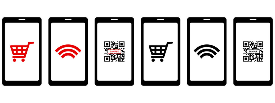 QRコードやショッピングカートが表示されたスマートフォンのシンプルなベクターアイコンセット