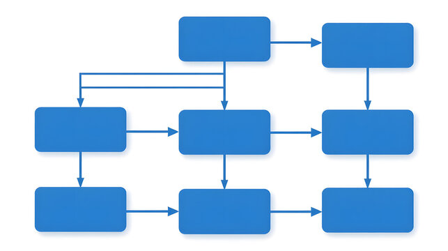 Blue flowchart diagram with arrows on white background transparent background