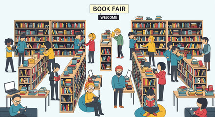 A colorful cartoon illustration of a bustling book fair © Rkia