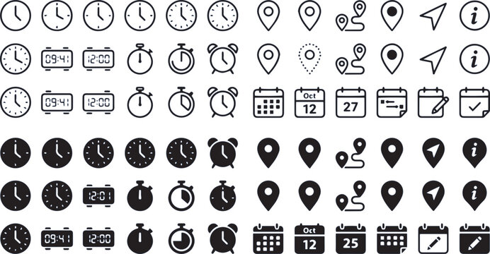 Map pins and clock icons provide a comprehensive set of navigation and timekeeping symbols.