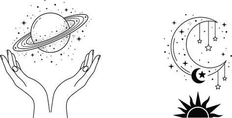 "Celestial vector illustration featuring mystical hands holding planet Saturn and crescent moon with stars and cosmic symbols" © mstlipibegum