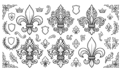 Royal Fleur De Lis Heraldic Ornament Crown Shield Wreath Vintage Black White Set Vector Illustration Collection © Begum