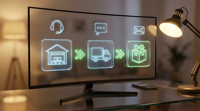 Logistics supply chain management concept on transparent screen, digital distribution process icons, e-commerce delivery workflow in modern office