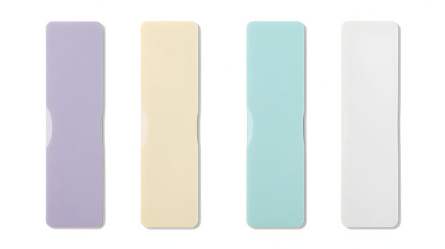 Four colorful blank rounded rectangles with shadows side by side on white background transparent background
