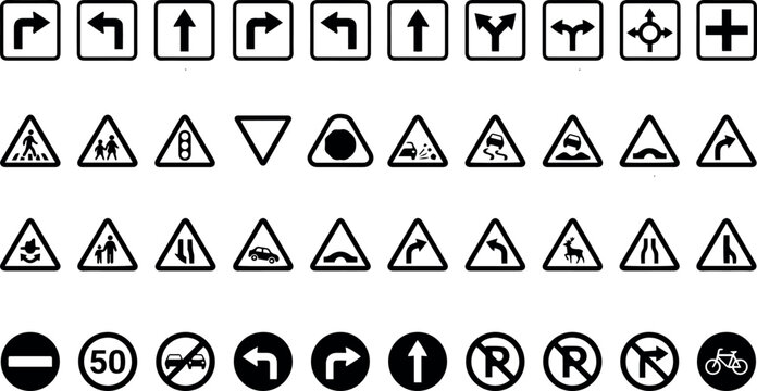 Arrows and triangles indicate directional movement and various road hazards through a set of standardized black and white traffic signal icons.