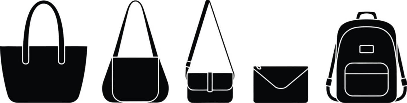 handbag tote large rectangular body, shoulder bag curved flap style, crossbody bag small compact form, clutch bag envelope shape, fashion accessory icon set for women&rsquo;s bags collection, modern flat ve