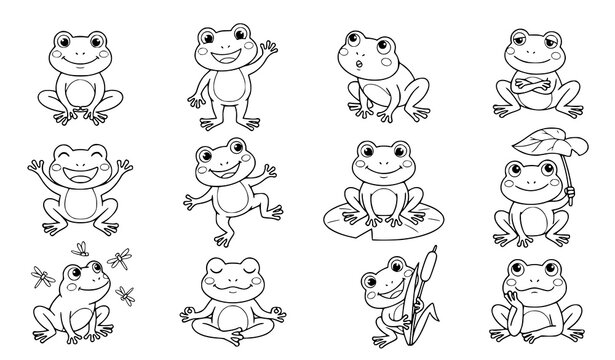 Cute Cartoon Frog Character Action Pose Expression Outline Doodle Coloring Page Set Vector Illustration Bundle