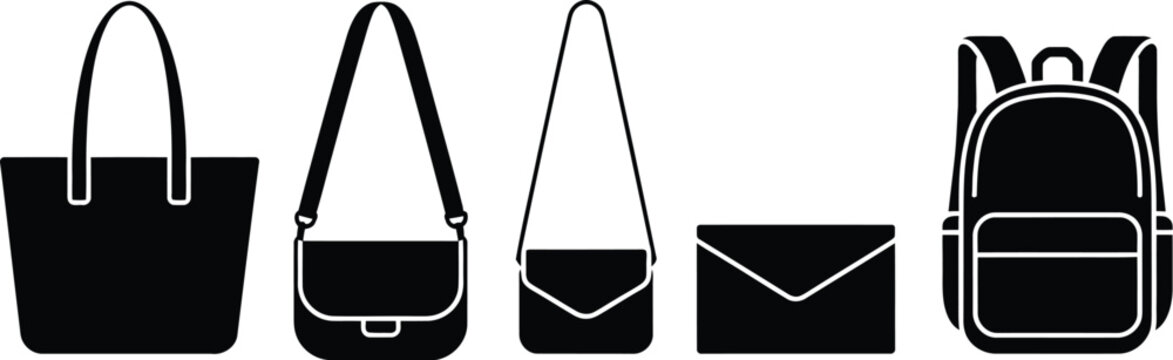 handbag tote large rectangular body, shoulder bag curved flap style, crossbody bag small compact form, clutch bag envelope shape, stylish women&rsquo;s fashion bag variety icons, retail and ecommerce access
