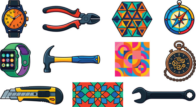 Cartoon vector illustrations of hardware tools hand watches and geometric mosaic pattern banners set isolated on white background