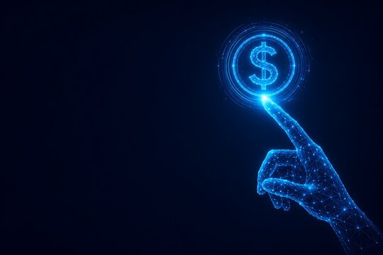 Hand touching a glowing digital dollar currency symbol. futuristic low poly illustration AI financial planning with currency, investment. futuristic low poly illustration AI financial planning